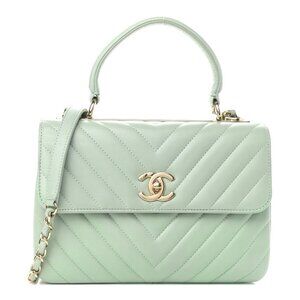 Authentic CHANEL Trendy Chevron Lambskin Quilted Dual Handle Flap Bag Mint Tote